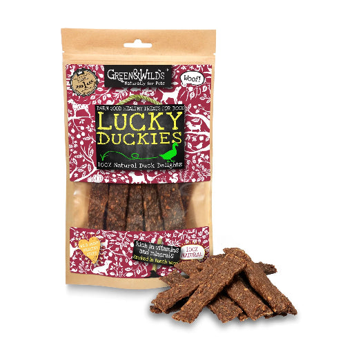 Packaged Lucky Duckies dog treats with visible branding on a white background