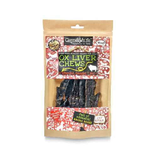 Package of Green & Wild's Ox Liver Chews for dogs on a white background