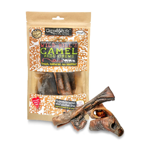 Package of Green & Wilds Camel Hide Chews for dogs with two chews displayed in front.