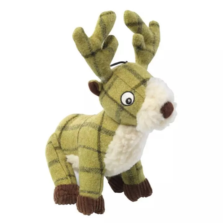 House of Paws Green Tweed Stag Dog Toy – Plush Squeaky Toy with Faux Sheepskin